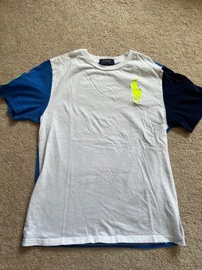Polo by Ralph Lauren White Tee with Blue Colorblock Sleeves and Neon Yellow Logo